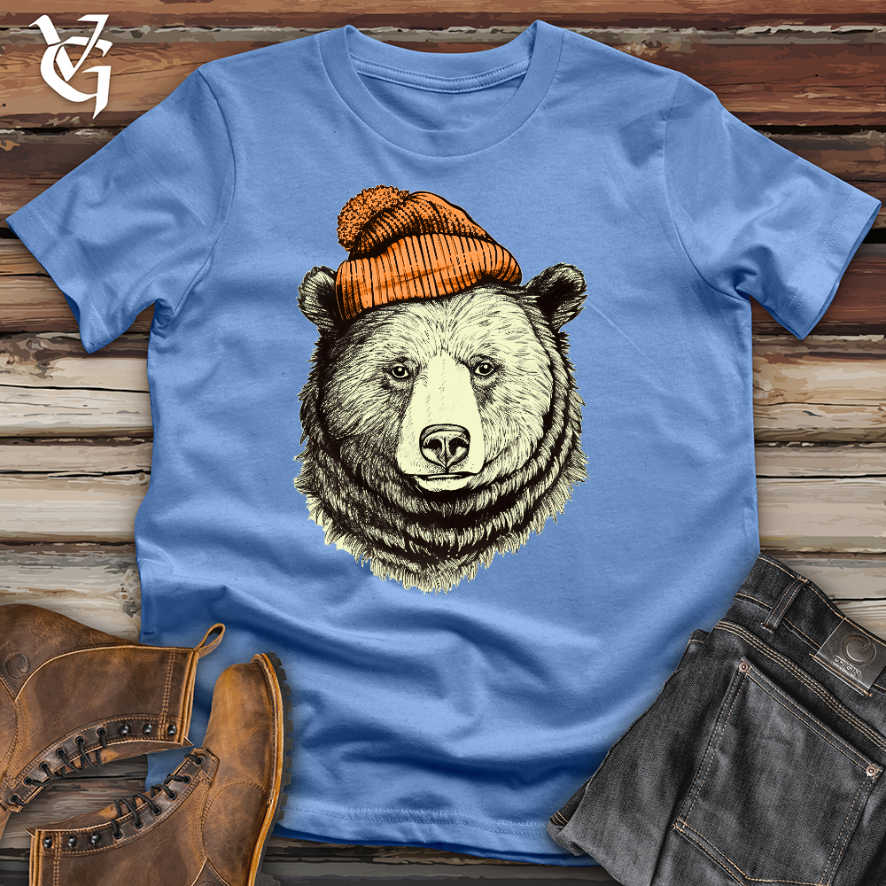Viking Goods Bear Wearing Hunters Beanie Cotton Tee Columbia Blue / L