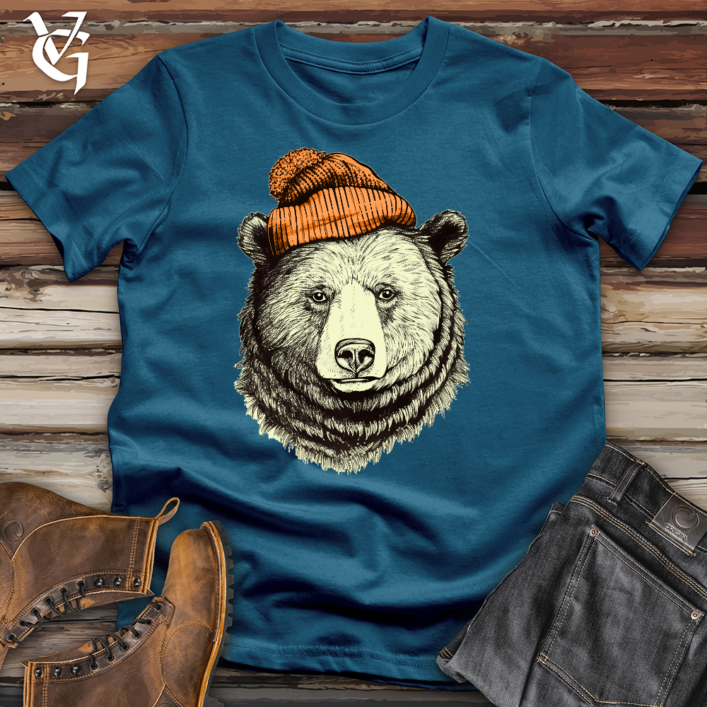 Viking Goods Bear Wearing Hunters Beanie Cotton Tee Deep Teal / L