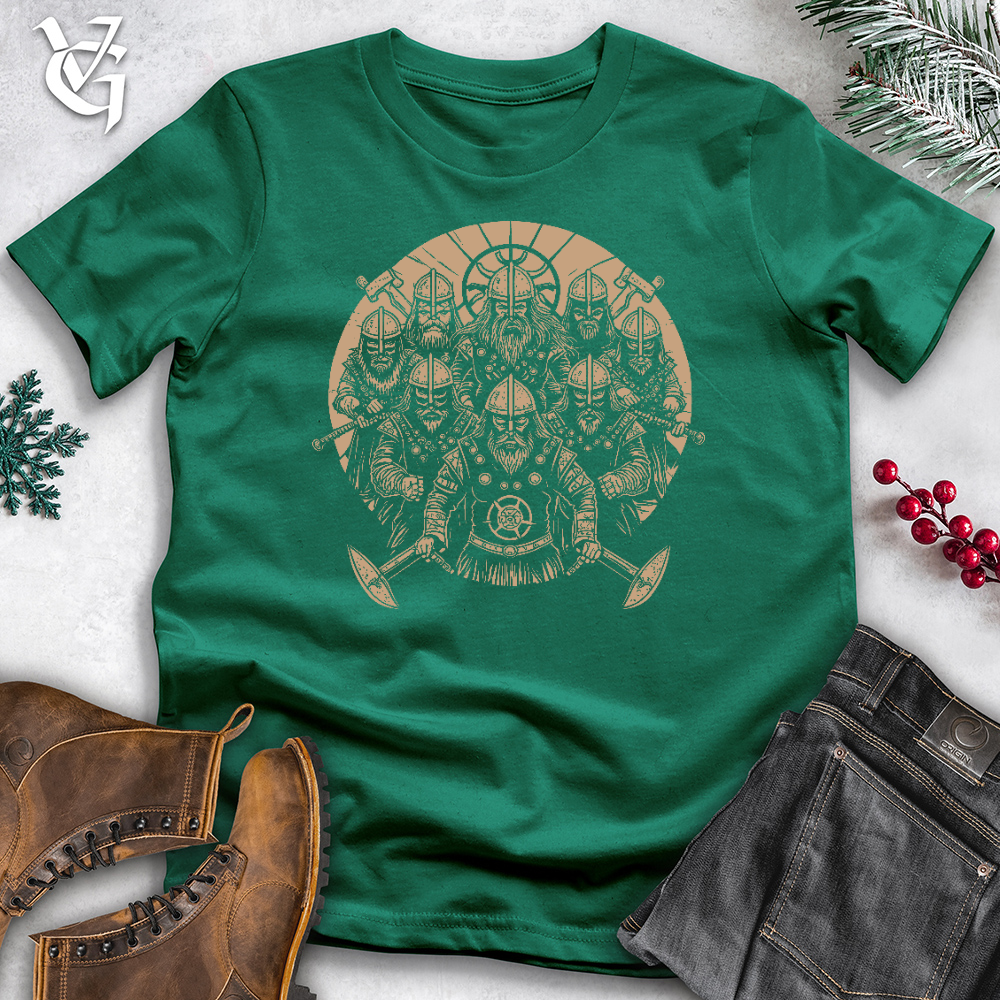 Viking Goods A Gang of Stern Vikings Stands Ominously With Shields Cotton Tee Kelly / L