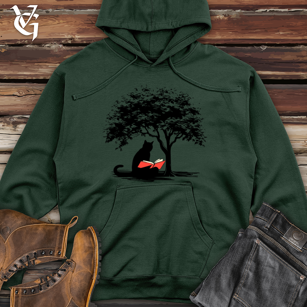Retro Tree Reading Black Cat Midweight Hooded Sweatshirt