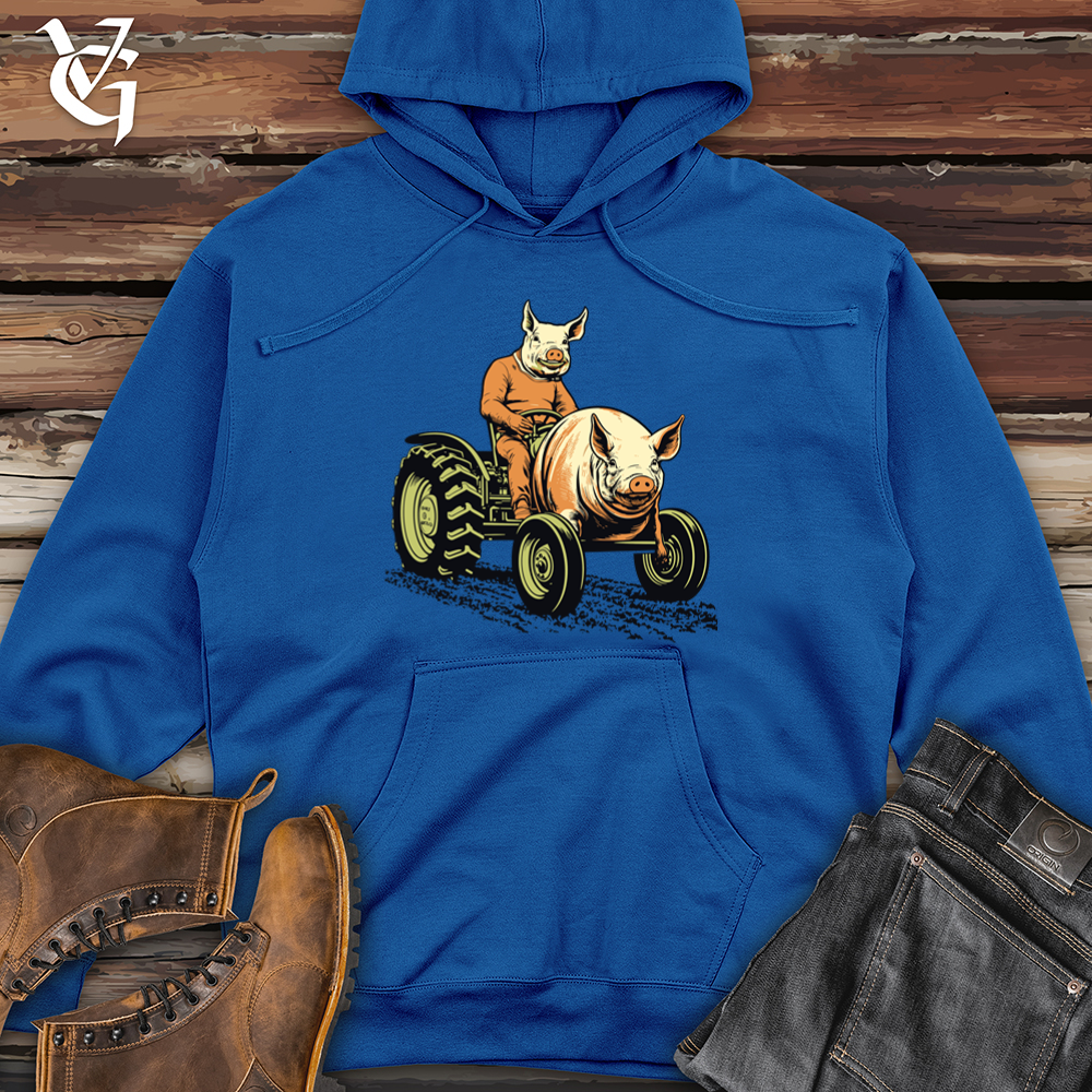 Vintage Tractor Riding Pig Midweight Hooded Sweatshirt