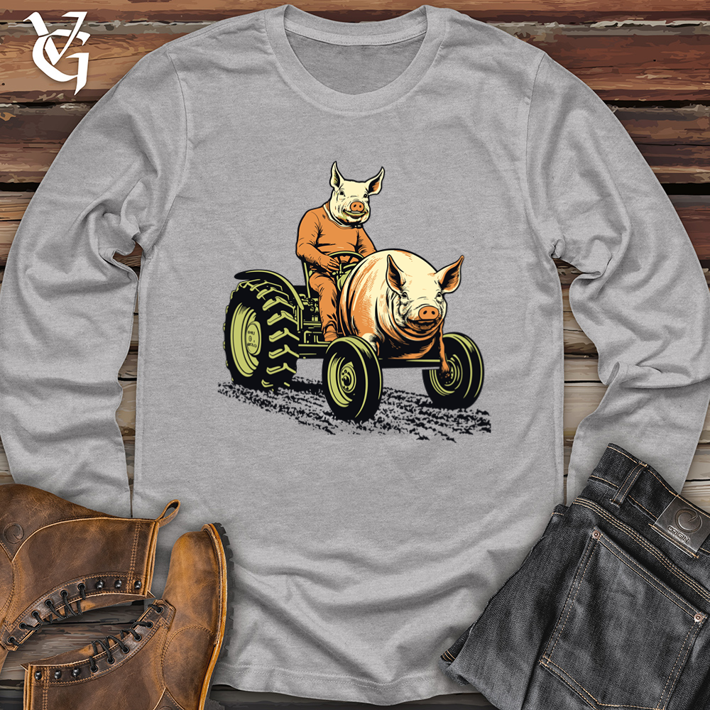 Vintage Tractor Riding Pig Softstyle Long Sleeve