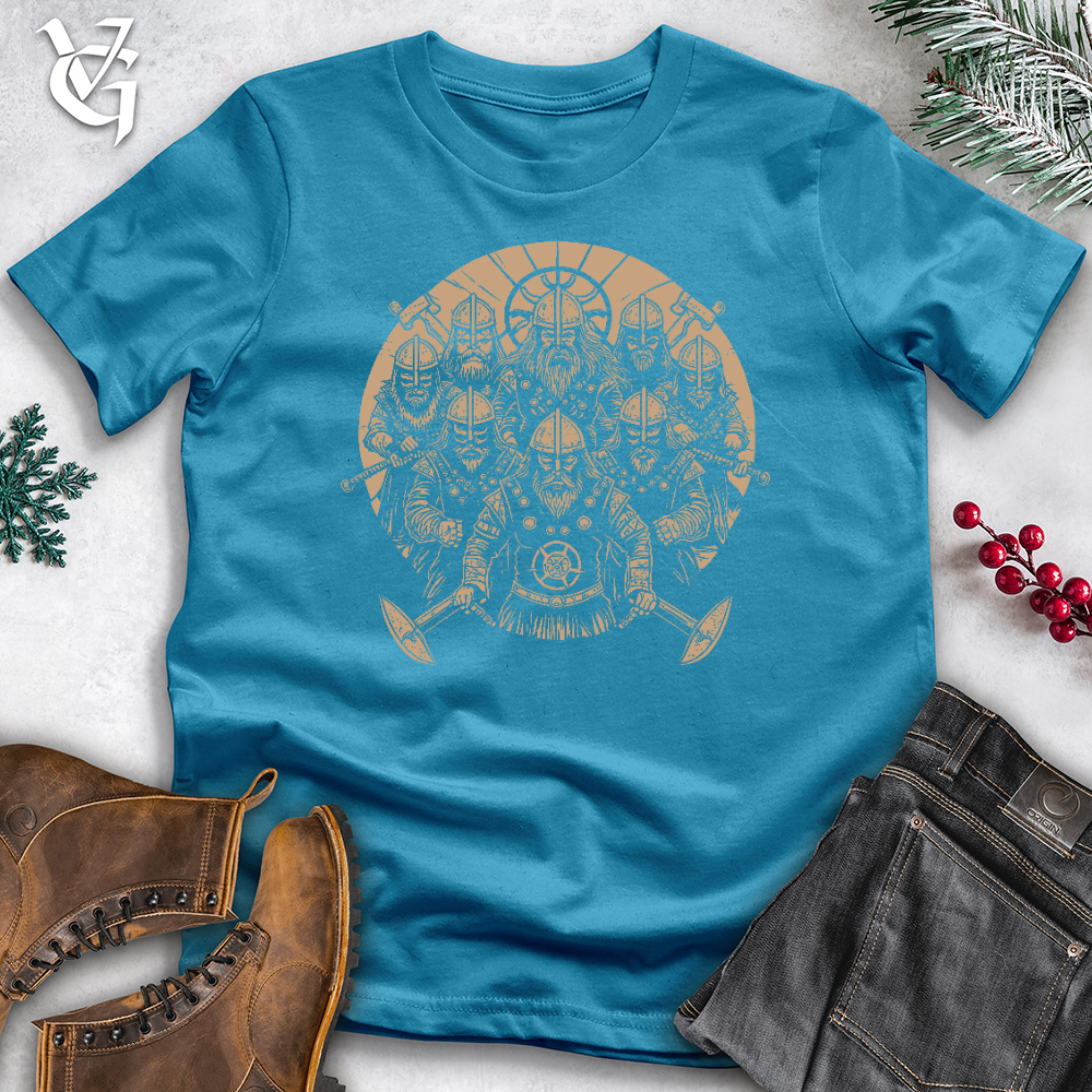 Viking Goods A Gang of Stern Vikings Stands Ominously With Shields Cotton Tee Aqua / L