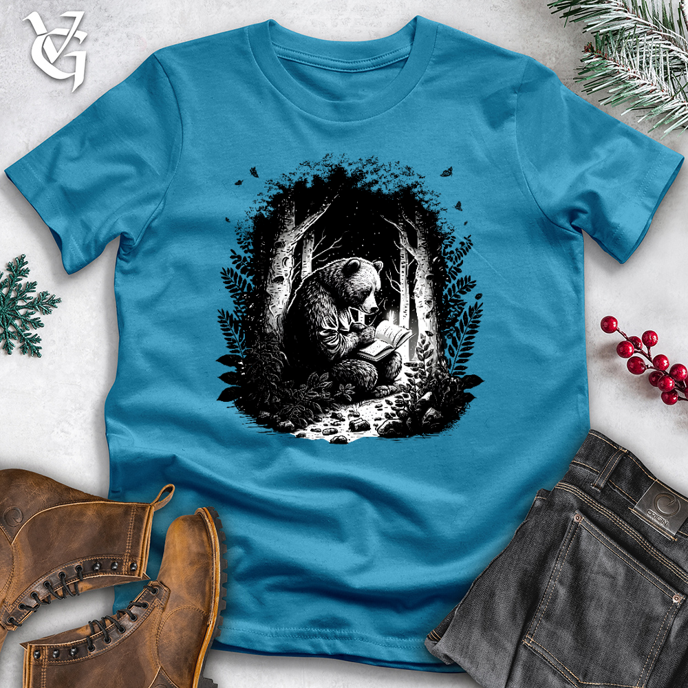 Viking Goods Bear Reading Book in Forest Cotton Tee Aqua / L