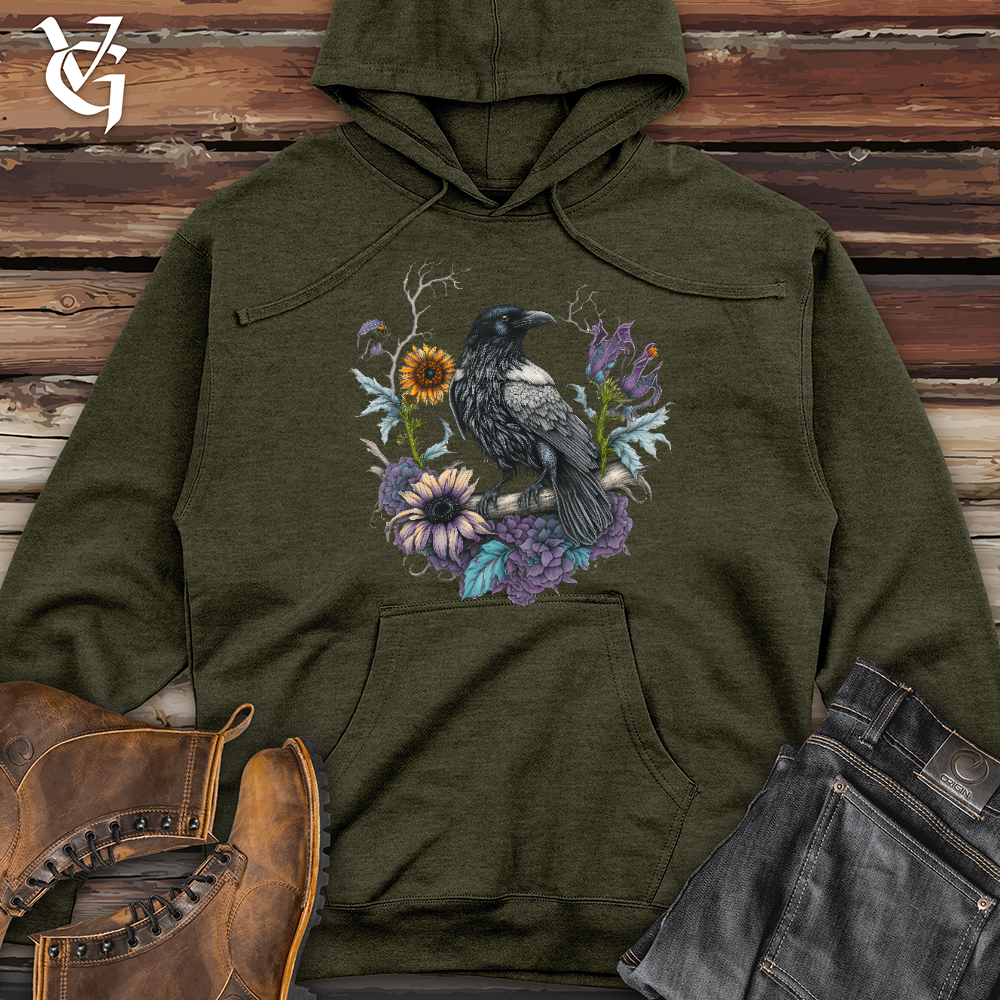Viking Goods Flower Wreath Raven Midweight Hooded Sweatshirt Army Heather / L