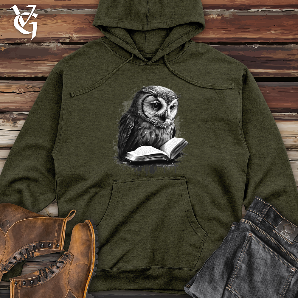 Viking Goods Owl Reading Book Midweight Hooded Sweatshirt Army Heather / L