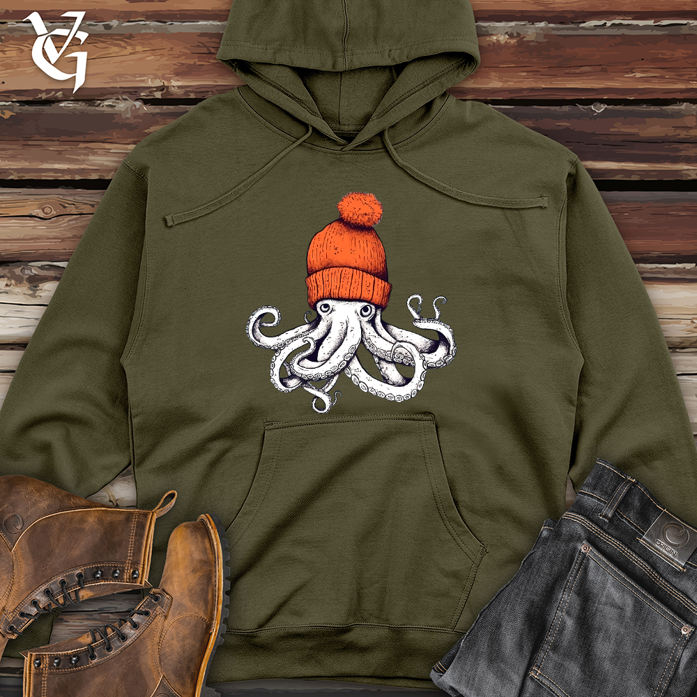 Viking Goods Octopus Orange Beanie Midweight Hooded Sweatshirt Army / L