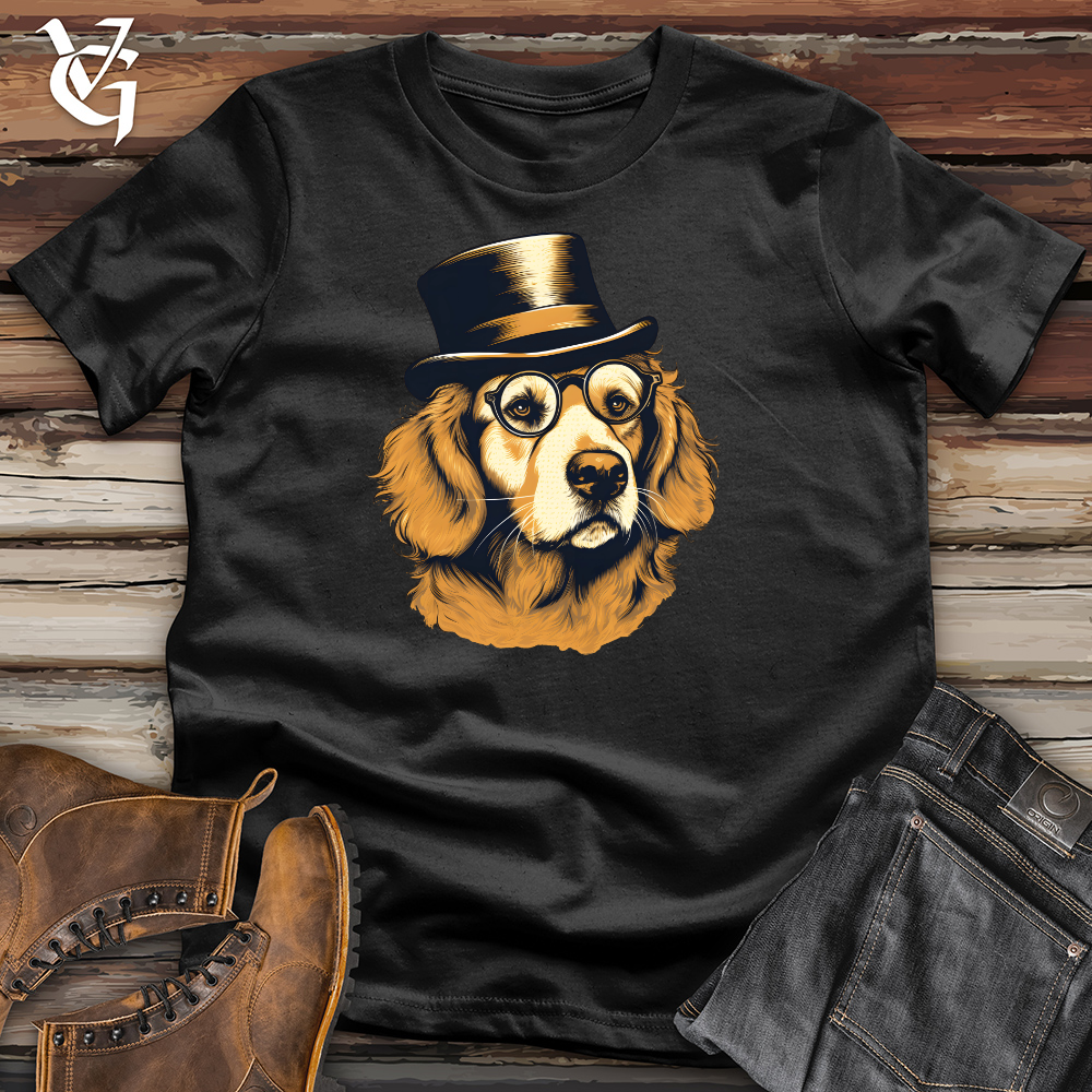 Viking Goods Monocled Top Hat Golden Retriever Cotton Tee Black / L