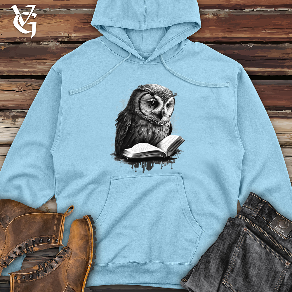 Viking Goods Owl Reading Book Midweight Hooded Sweatshirt Blue Aqua / L