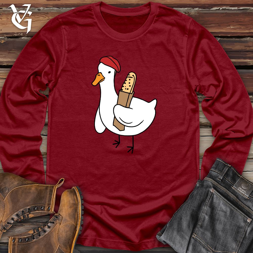 Viking Goods A Red Hat Wearing Duck Holding a Baguette Long Sleeve Cardinal / L