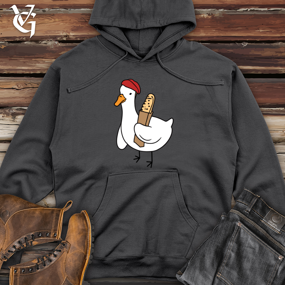 Viking Goods A Red Hat Wearing Duck Holding a Baguette Midweight Hooded Sweatshirt Charcoal / L