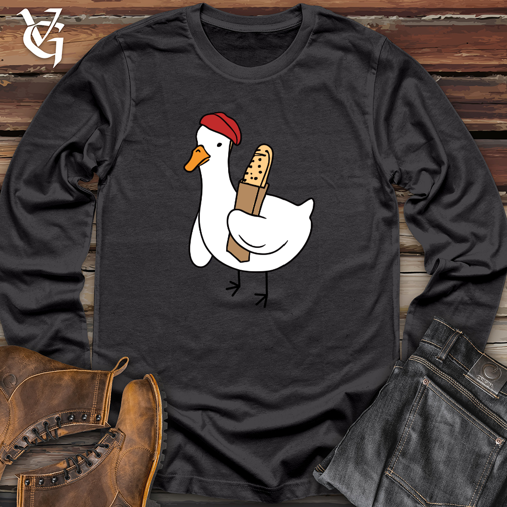 Viking Goods A Red Hat Wearing Duck Holding a Baguette Long Sleeve Dark Grey / L