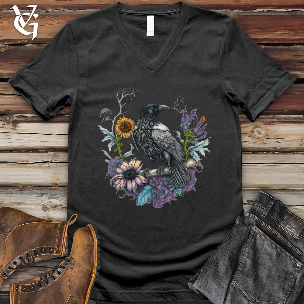 Viking Goods Flower Wreath Raven V- Neck Tee Dark Grey / L