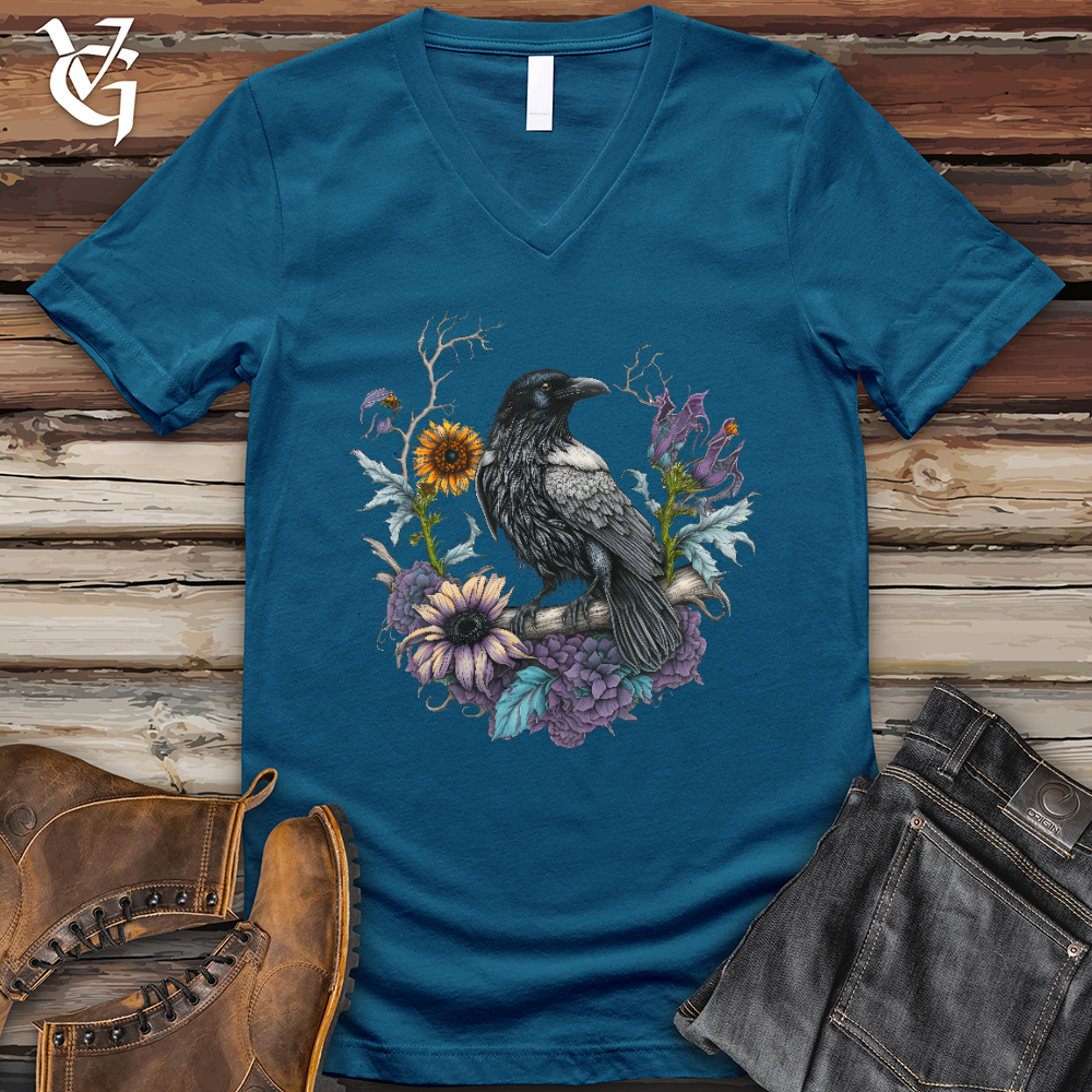 Viking Goods Flower Wreath Raven V- Neck Tee Deep Teal / L