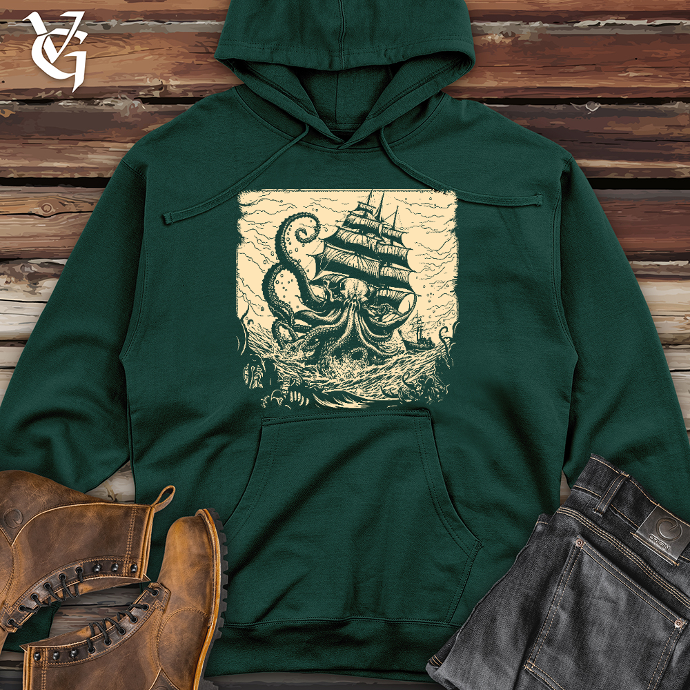 Viking Goods Kraken at Sea Midweight Hooded Sweatshirt Forest Green / L