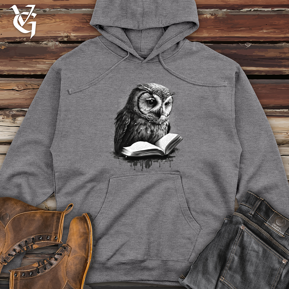 Viking Goods Owl Reading Book Midweight Hooded Sweatshirt Gunmetal Heather / L