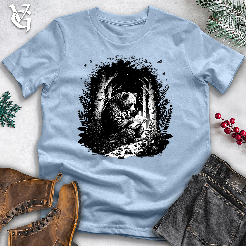 Viking Goods Bear Reading Book in Forest Cotton Tee Light Blue / L