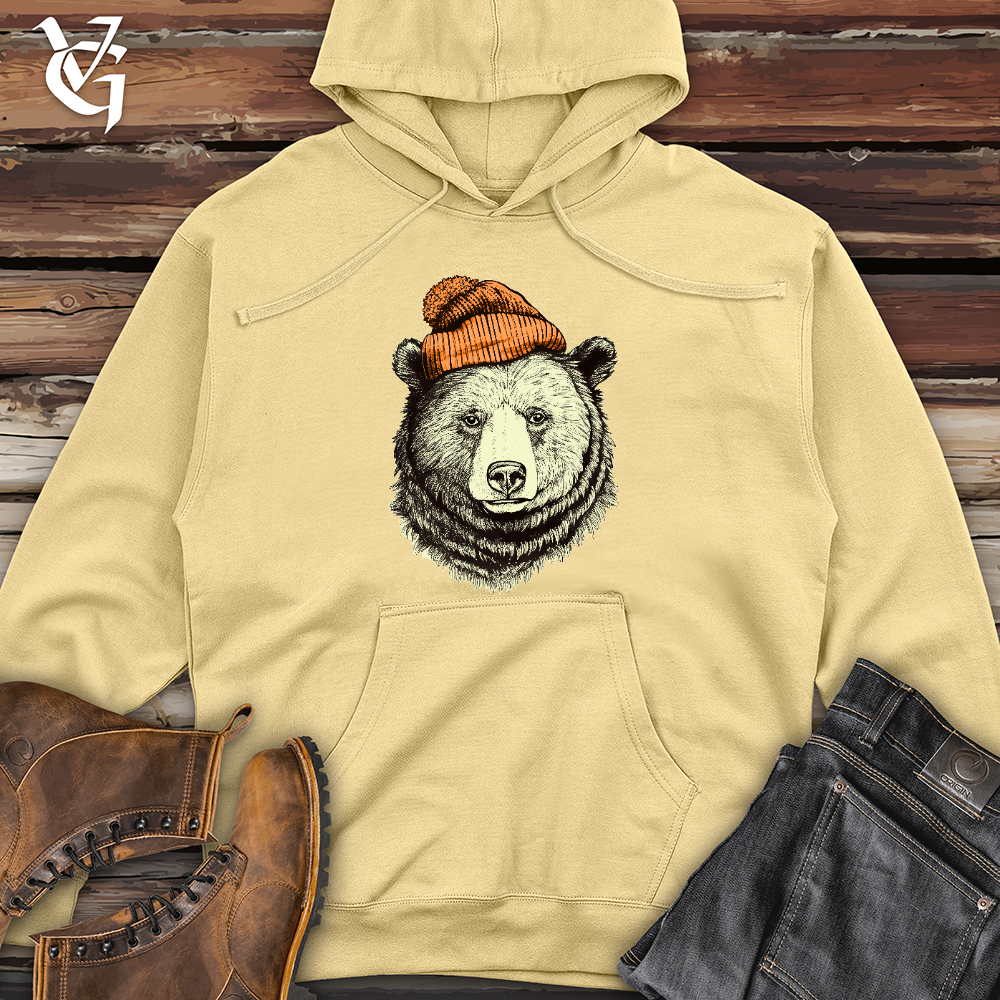 Viking Goods Bear Wearing Hunters Beanie Midweight Hooded Sweatshirt Light Yellow / L