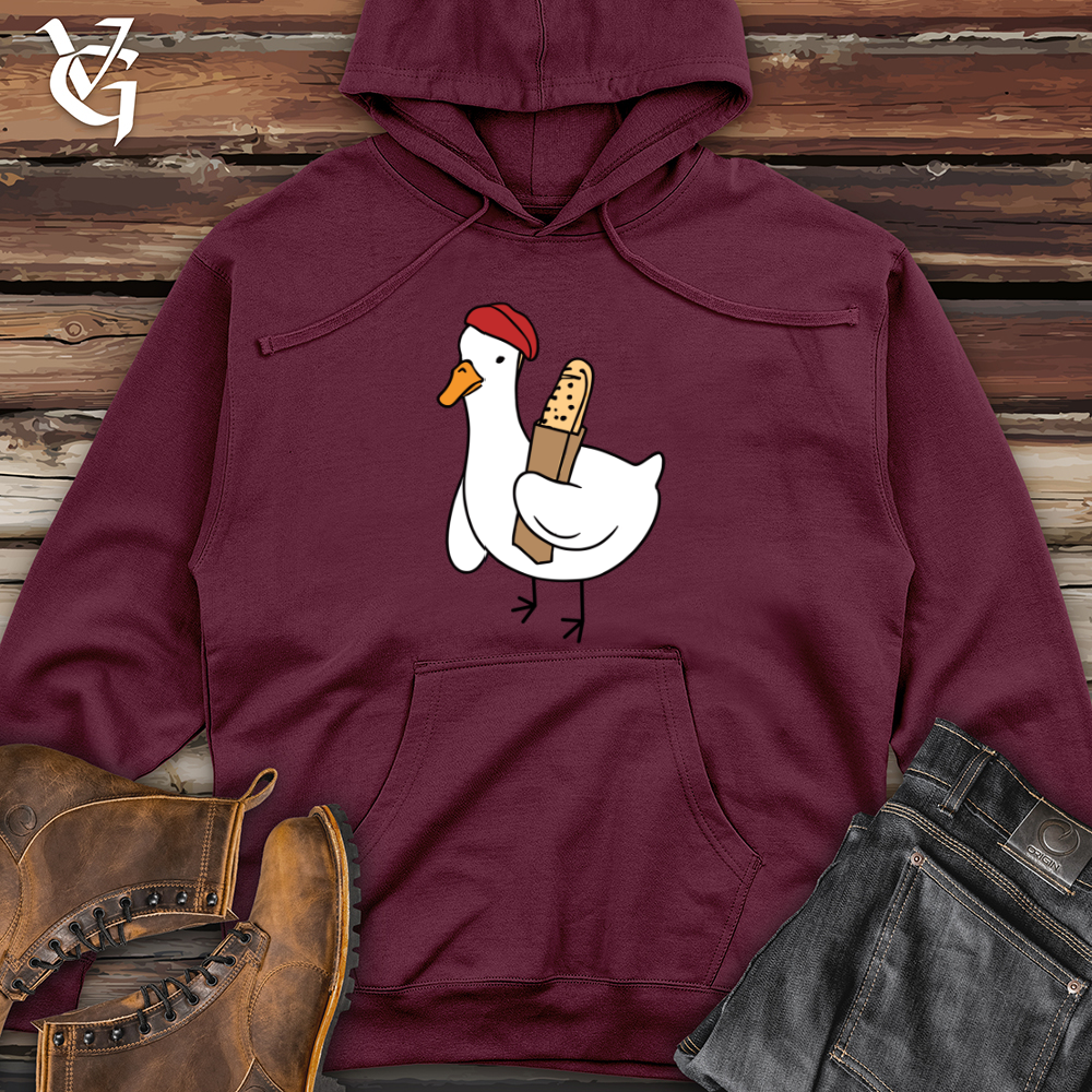 Viking Goods A Red Hat Wearing Duck Holding a Baguette Midweight Hooded Sweatshirt Maroon / L