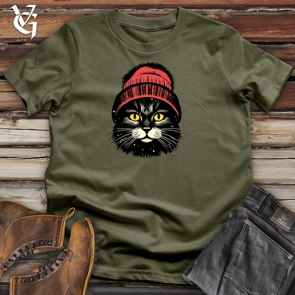 Viking Goods Retro Pom Pom Black Cat Cotton Tee Military Green / L