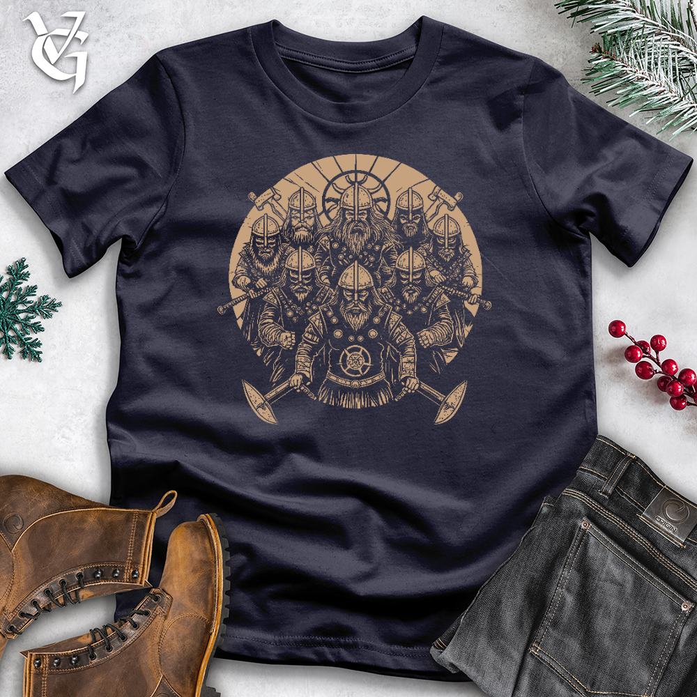 Viking Goods A Gang of Stern Vikings Stands Ominously With Shields Cotton Tee Navy / L