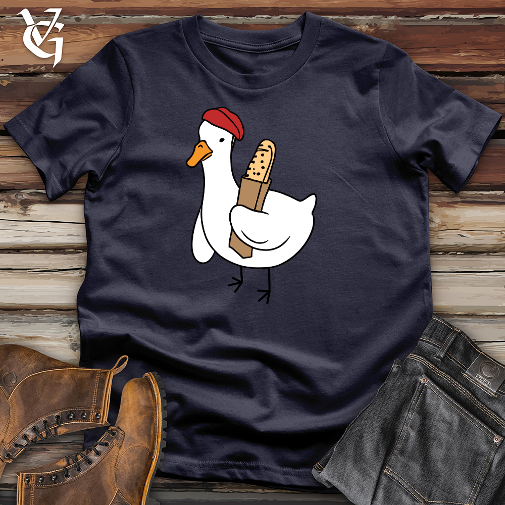 Viking Goods A Red Hat Wearing Duck Holding a Baguette Cotton Tee Navy / L