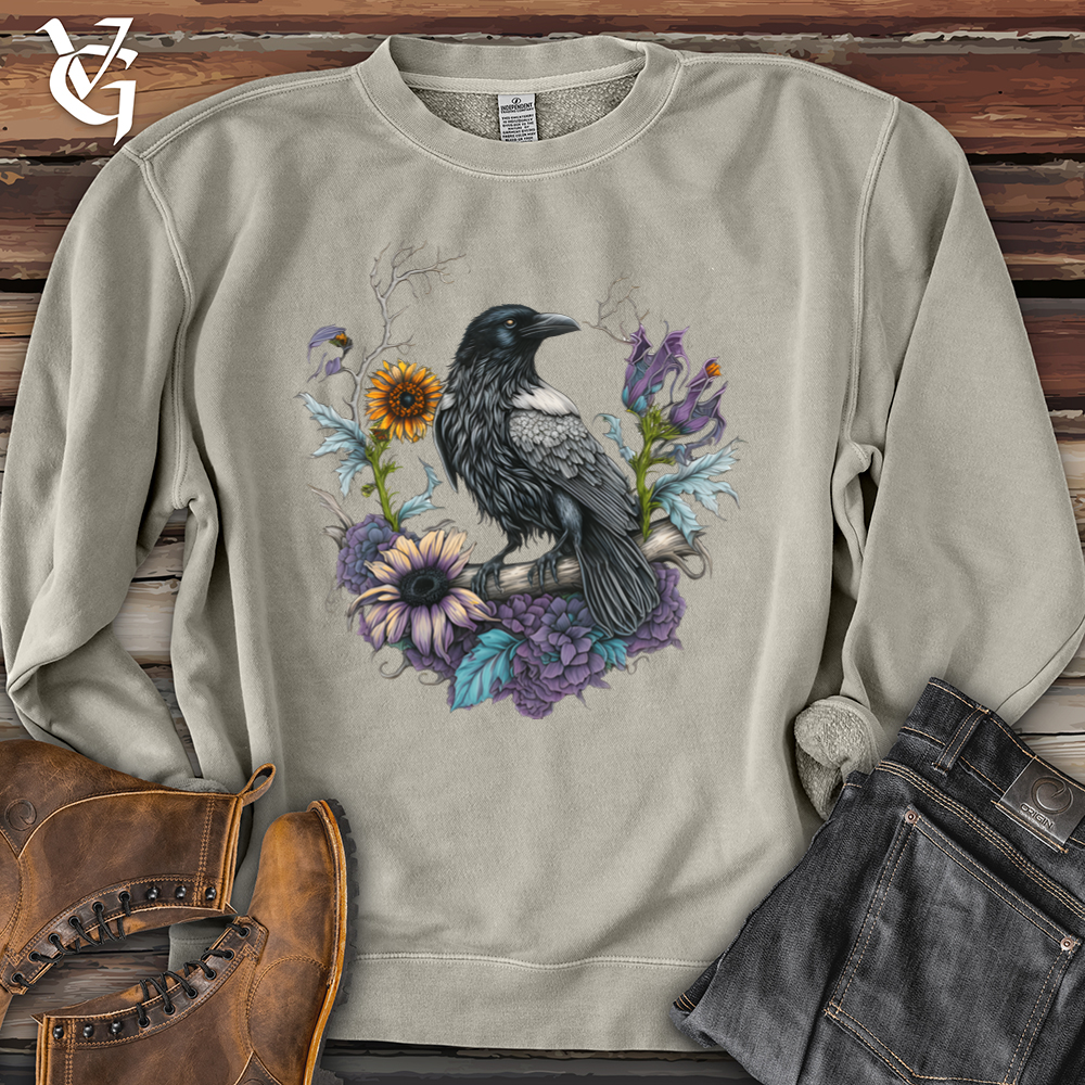 Viking Goods Flower Wreath Raven Pigment-Dyed Crewneck Pigment Cement / L