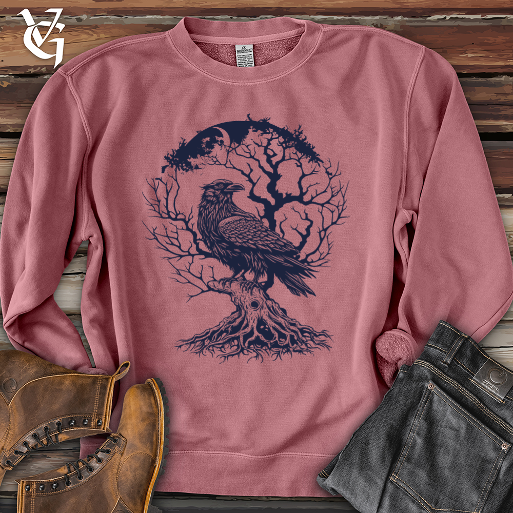 Viking Goods Raven and Old Tree Tattoo Pigment-Dyed Crewneck Pigment Maroon / L