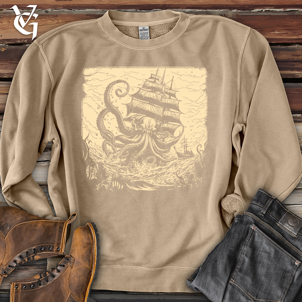 Viking Goods Kraken at Sea Banjo Bison Pigment-Dyed Crewneck Pigment Sandstone / L