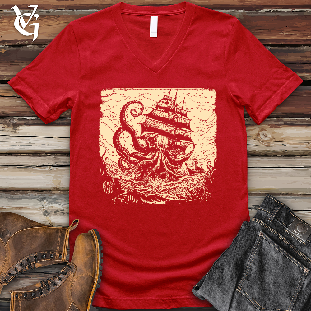 Viking Goods Kraken at Sea V-Neck Tee Red / L