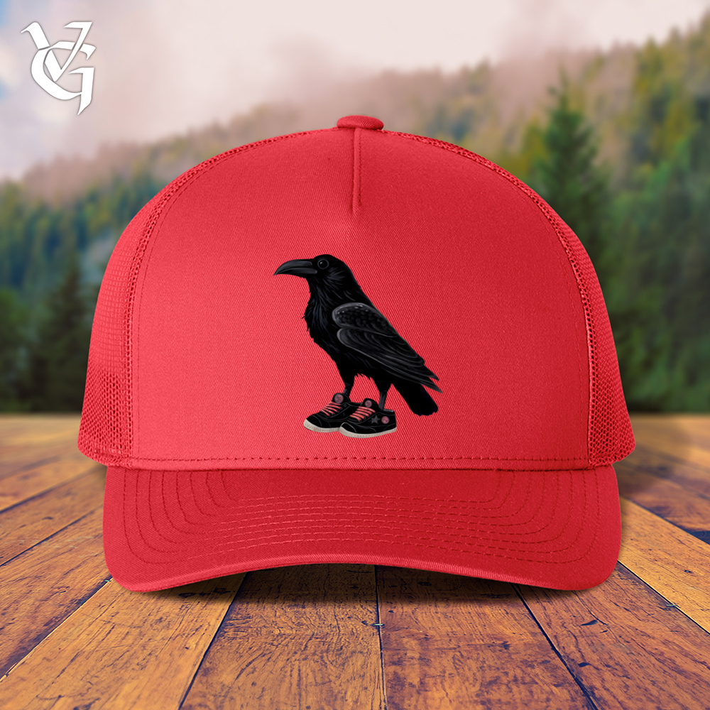 Viking Goods Raven Wearing Sneakers Trucker Cap Red
