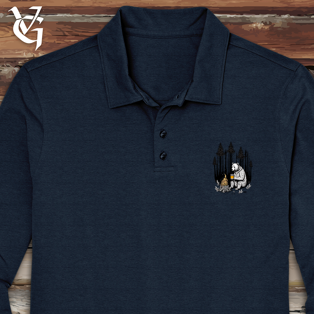Viking Goods Bear Happy Hour Long Sleeve Polo River Blue Navy / L