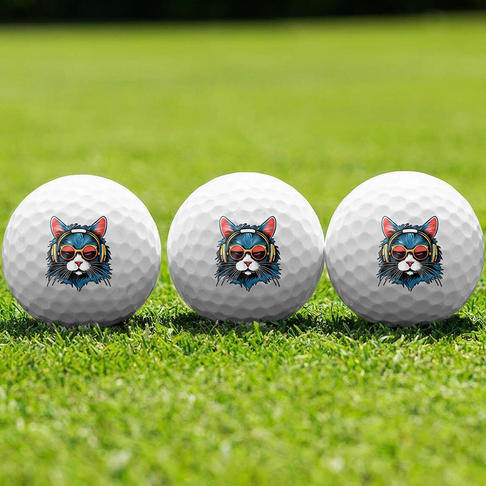A Cat Wearing Sunglasses and Headphone Golf Ball 3 Pack