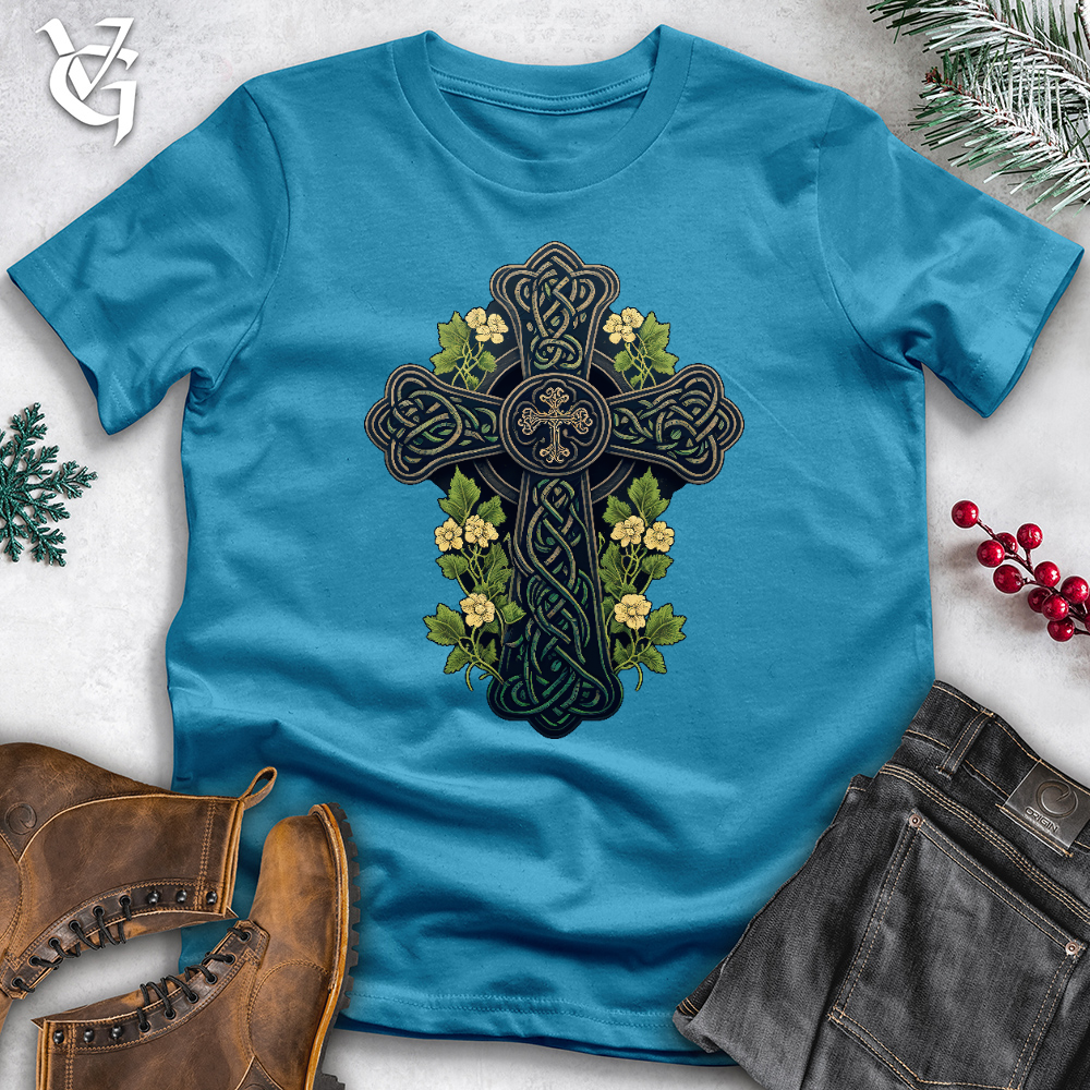 Viking Goods Celtic Cross Garden Cotton Tee Aqua / L