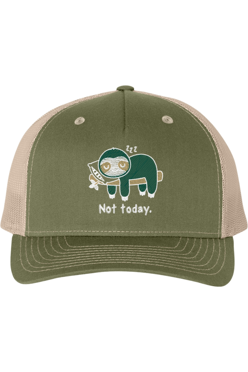 Viking Goods Not Today Sloth Embroidered Trucker Cap Army Olive Green/ Tan