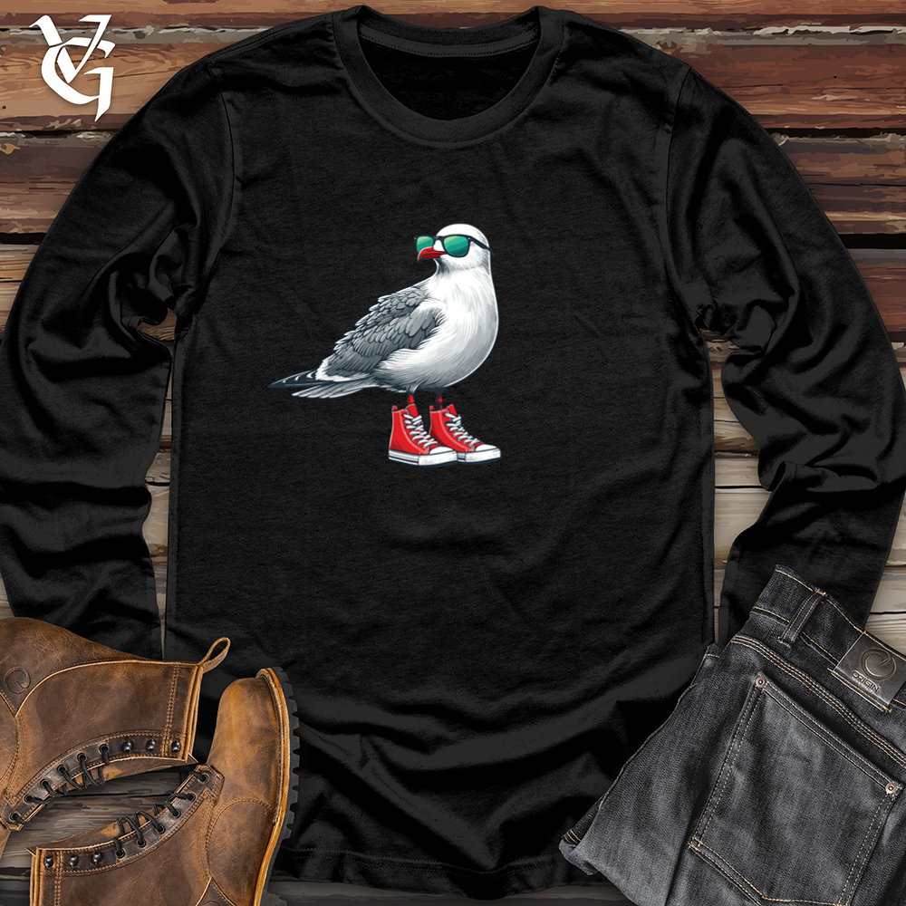 Viking Goods Seagull with Red Sneakers and Sunglass Long Sleeve Tee Black / L