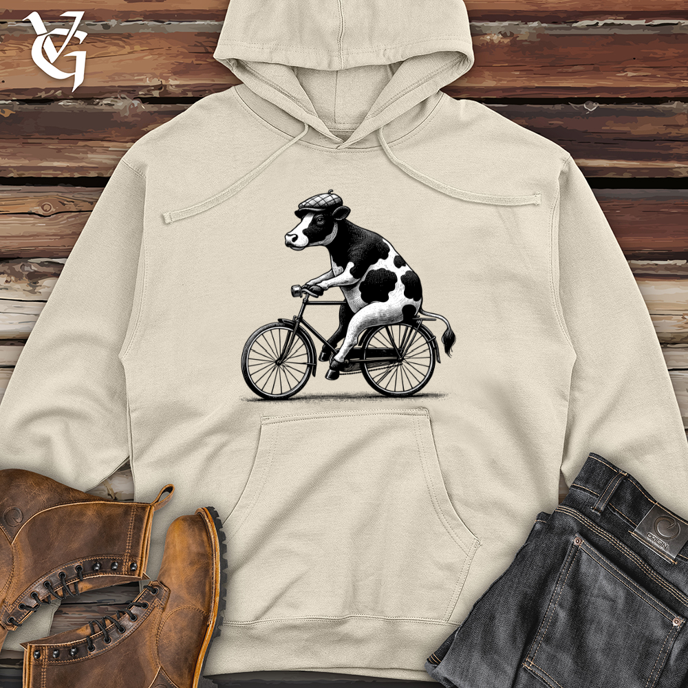 Viking Goods Cow Riding a Bike Midweight Hooded Sweatshirt Grey Heather / L