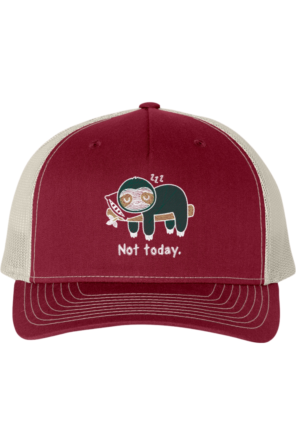 Viking Goods Not Today Sloth Embroidered Trucker Cap Cardinal/ Tan