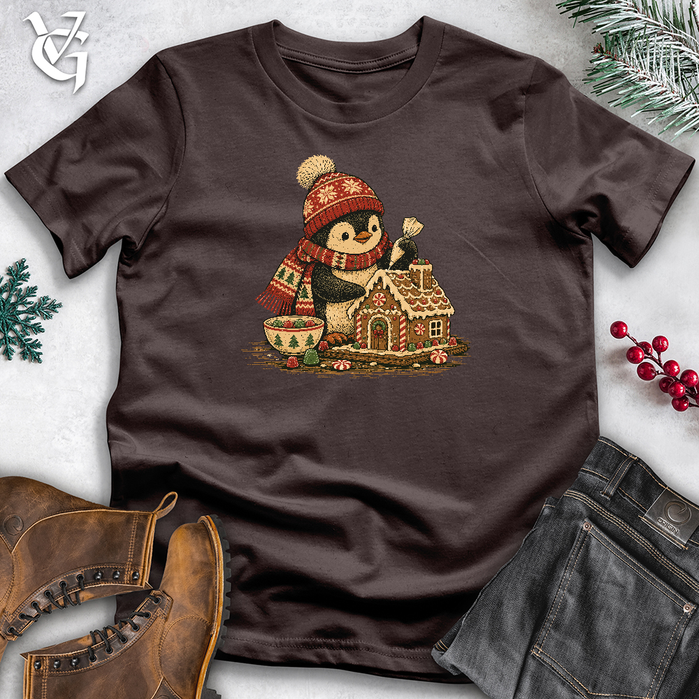 Viking Goods Penguin Gingerbread House Softstyle Tee Dark Chocolate / L