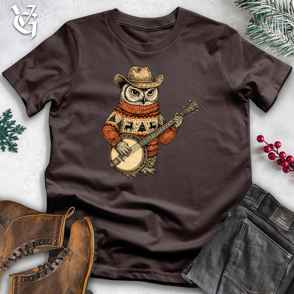 Viking Goods Christmas Owl Playing Banjo Softstyle Tee Dark Chocolate / S