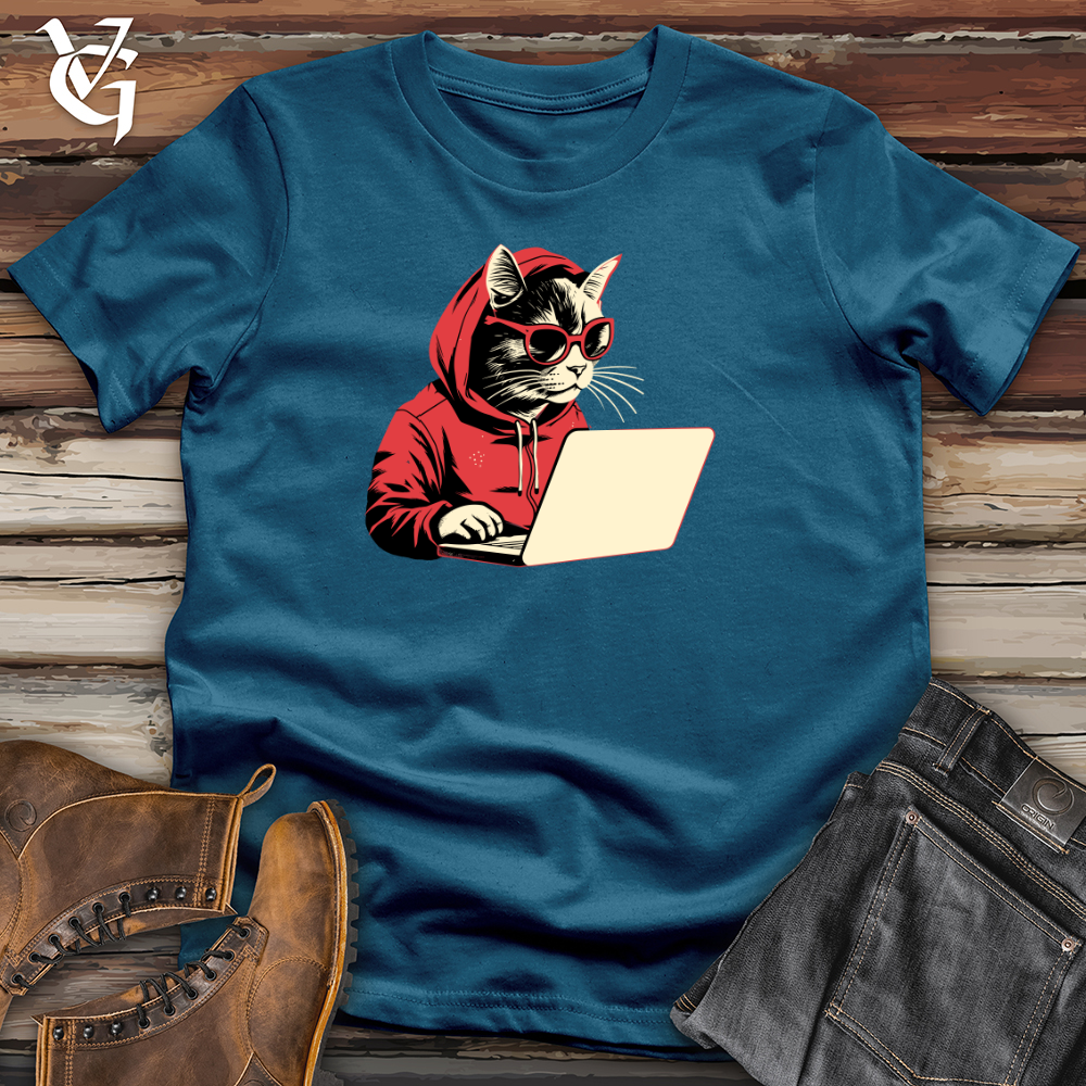 Viking Goods Retro Techy Cat Cotton Tee Deep Teal / L