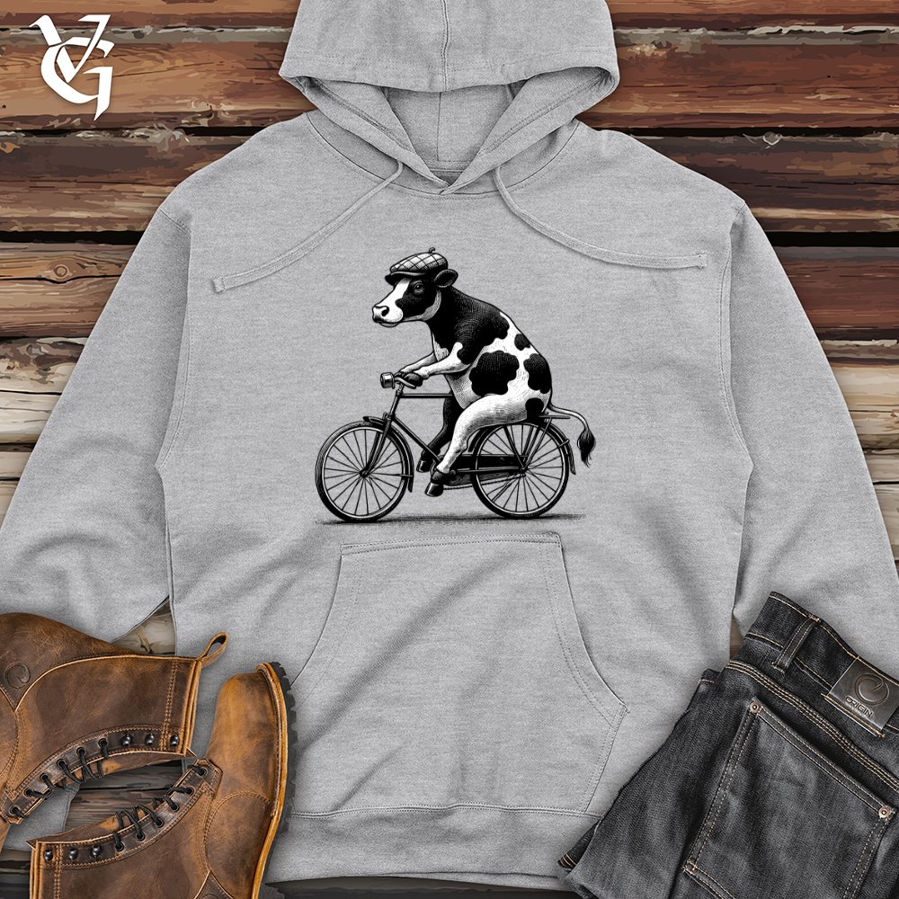 Viking Goods Cow Riding a Bike Midweight Hooded Sweatshirt Grey Heather / L