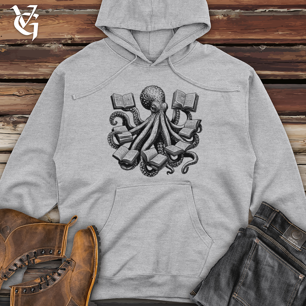 Viking Goods Octopus Reading Multiple Books Midweight Hooded Sweatshirt Grey Heather / L