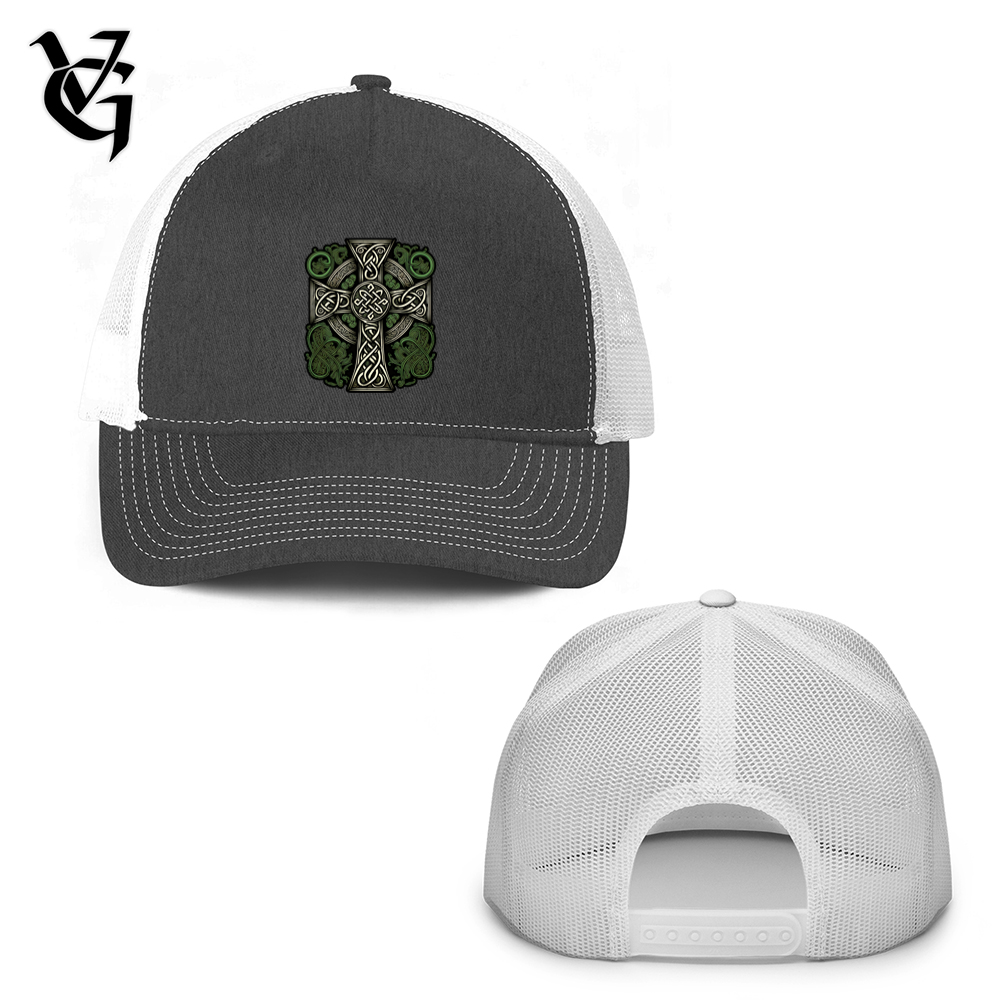 Viking Goods Green Celtic Cross Trucker Hat Grey Steel/ White