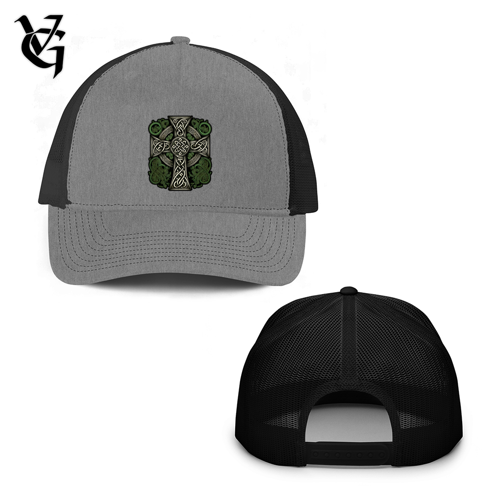 Viking Goods Green Celtic Cross Trucker Hat Heather Grey/ Black