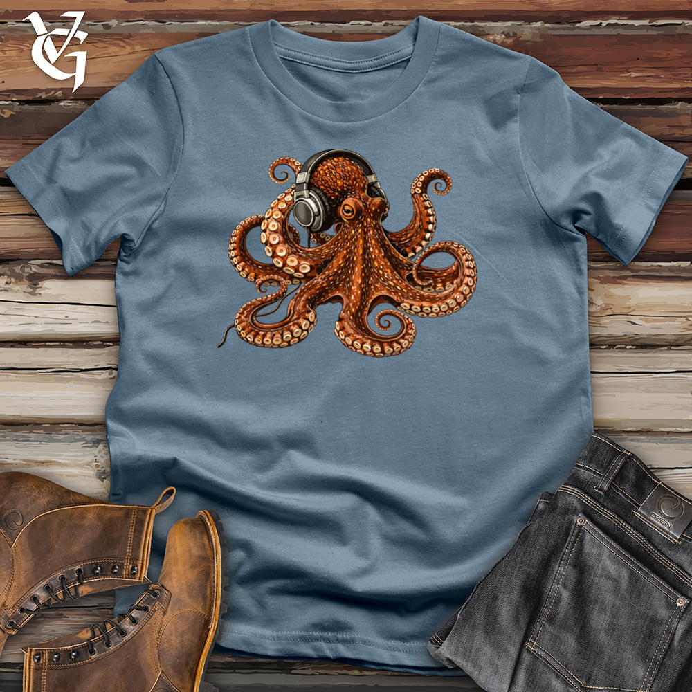 Viking Goods Octopus Enjoying Music With Headphones Tee Indigo Blue / L