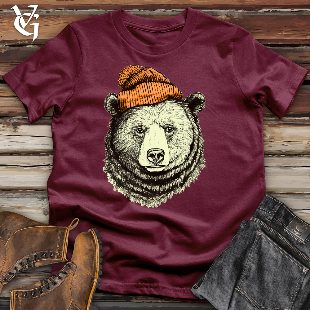 Viking Goods Bear Wearing Hunters Beanie Cotton Tee Maroon / L