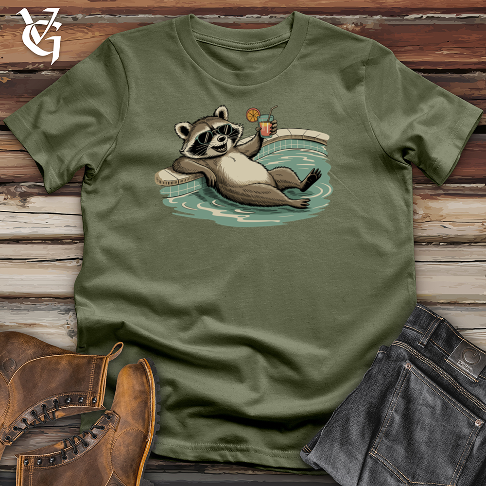 Viking Goods A Relaxed Raccoon on Swimming Pool Tee Military Green / L