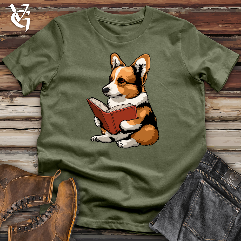 Viking Goods Corgi Reading Book Softstyle Tee Military Green / L