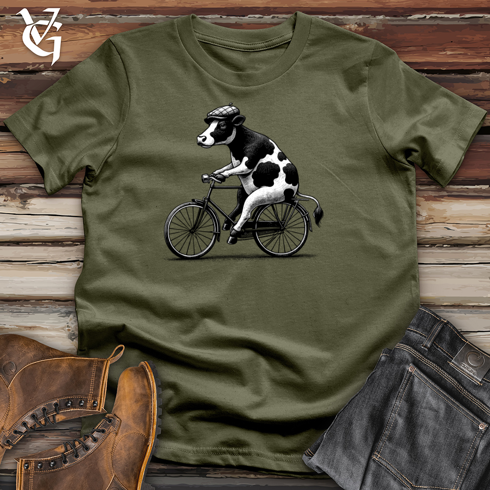 Viking Goods Cow Riding a Bike Cotton Tee Military Green / L